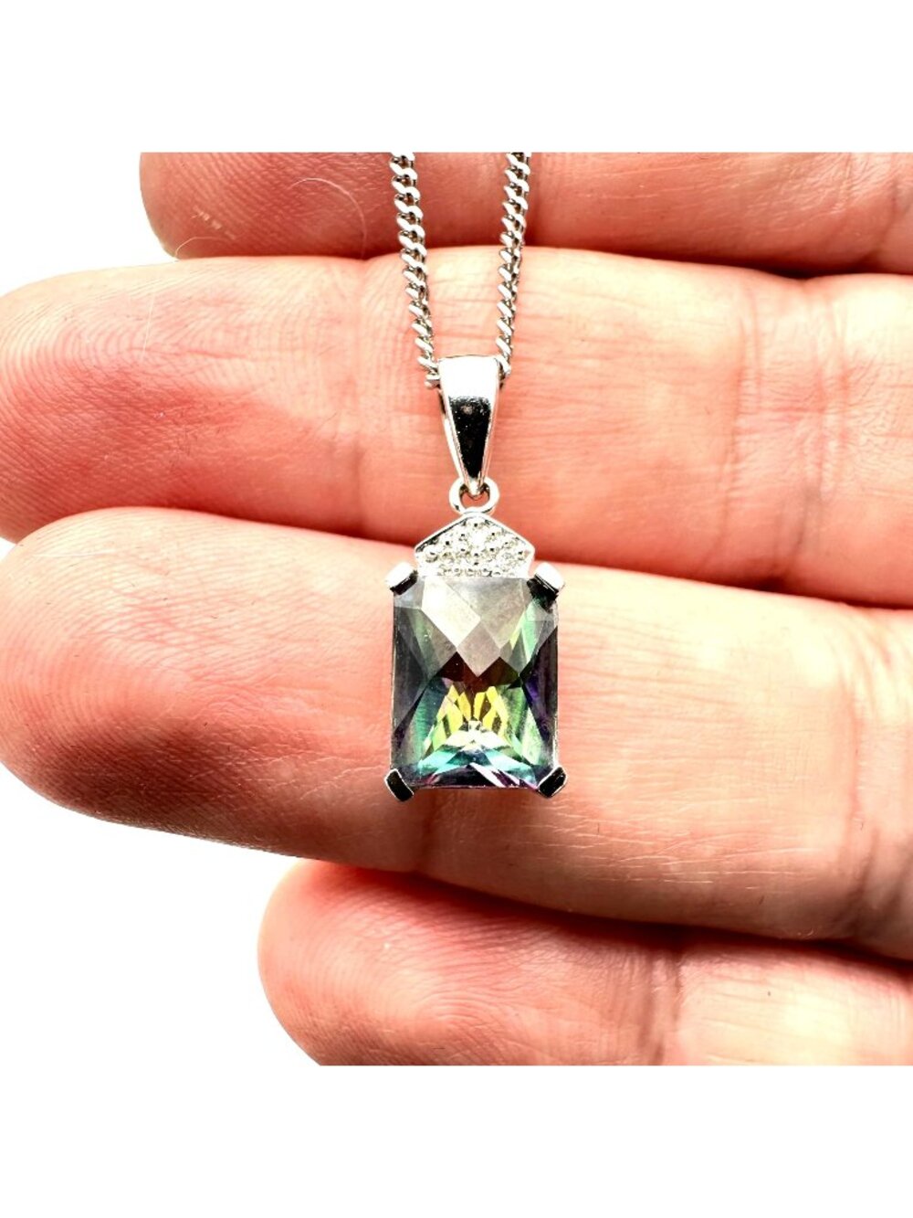 14K White Necklace Gold Mystic Topaz Diamond Pendant Estate Jewelry